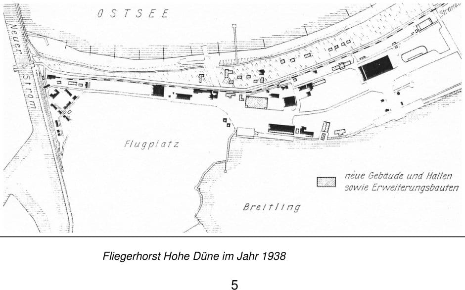 Lageplan des Fliegerhorstes Hohe Düne im Jahr 1938 zwischen Ostsee, Neuem Strom und Breitling, mit schraffierter Kennzeichnung der neuen Gebäude und Hallen