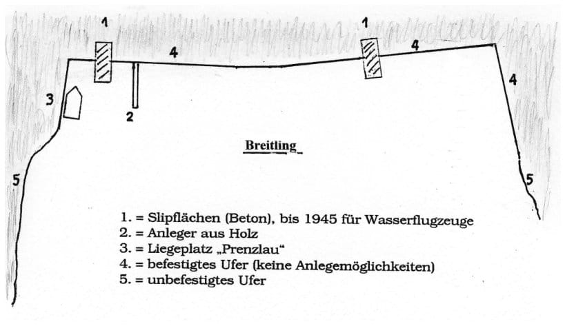 Handgezeichnete Skizze des Hafenbereichs am Breitling mit nummerierter Legende für Slipflächen, Holzanleger, Liegeplatz „Prenzlau“ sowie befestigtes und unbefestigtes Ufer